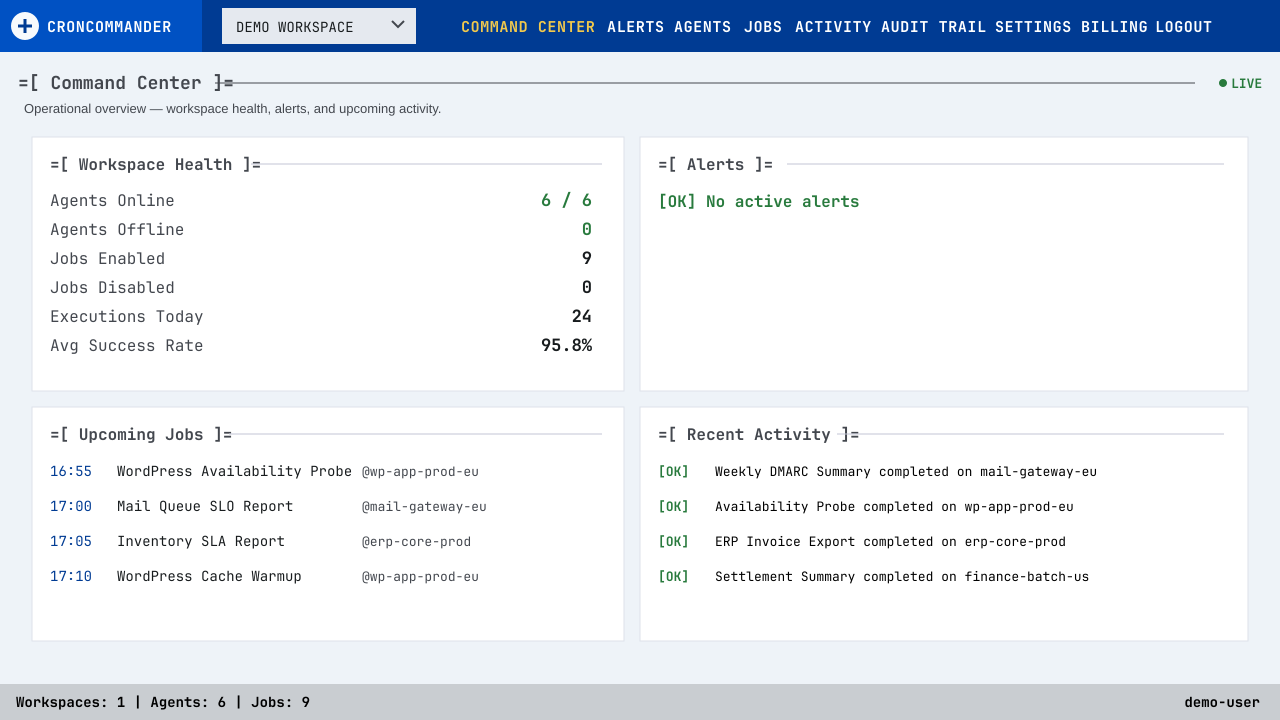 Command Center demo with workspace health, alerts, upcoming jobs, and recent activity