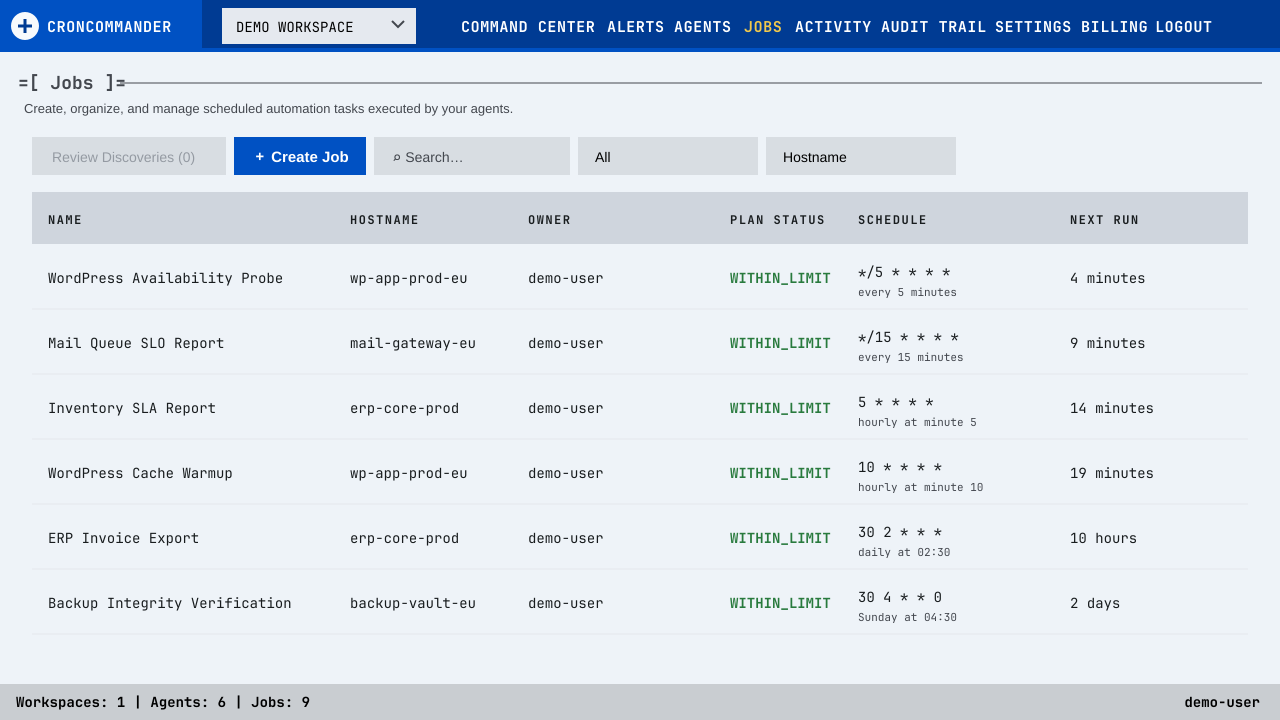 Jobs demo listing cron schedules, target agents, owners, plan status, and next run times